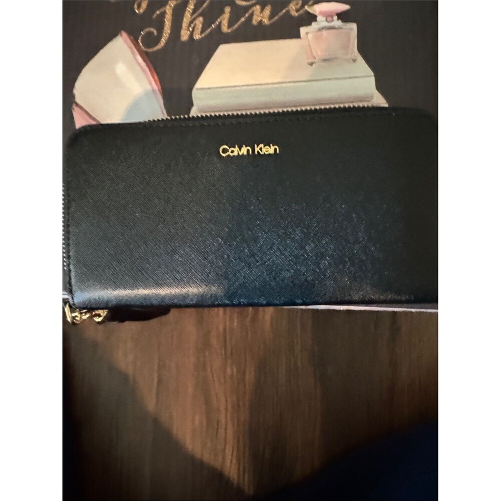 Calvin Klein Black Saffiano Zip-Around Wallet with Gold Logo
